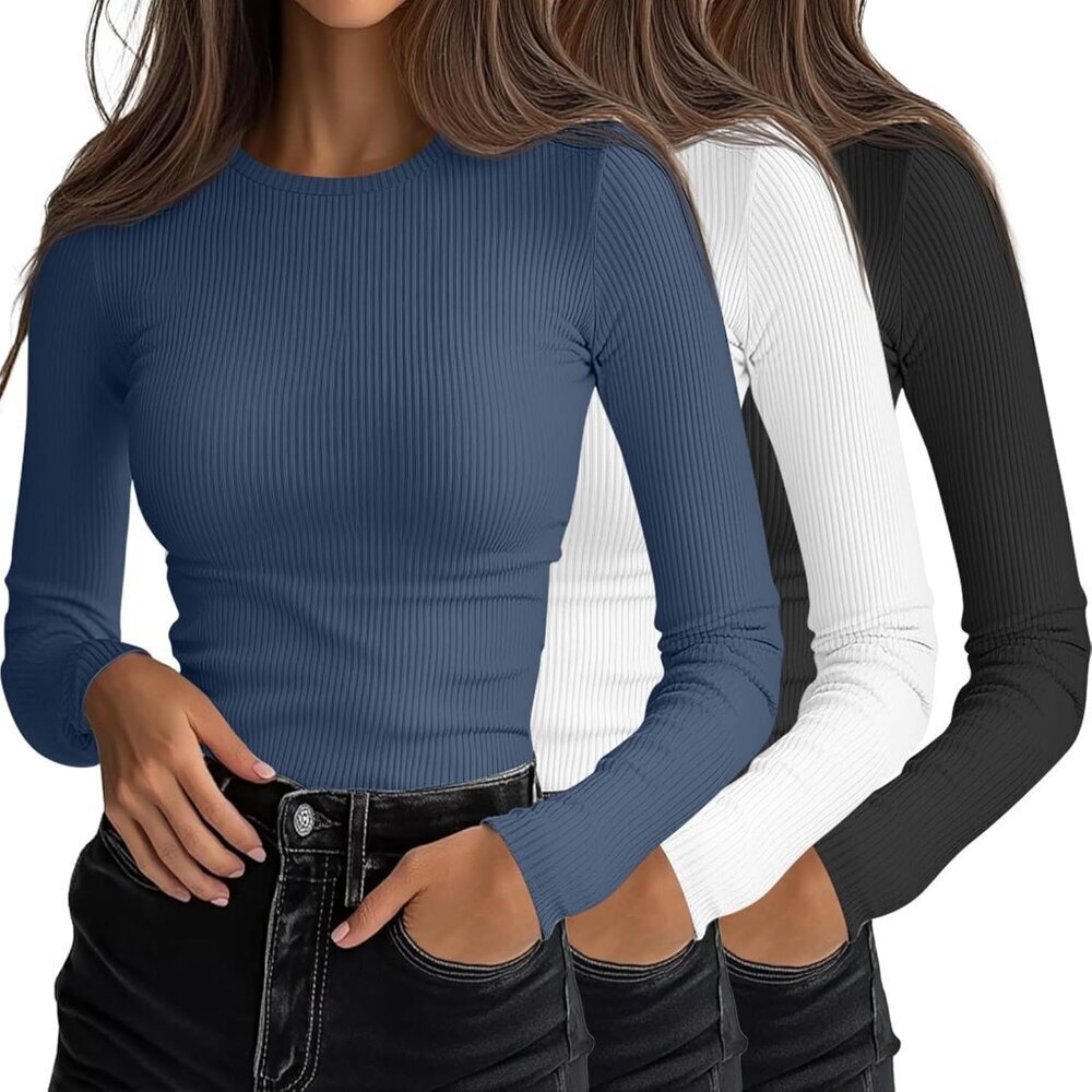 3 Pack Women's Ribbed Long Sleeve Tops Knit Crew Neck Slim Fit Casual